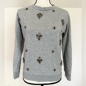 J. Crew Gray Rhinestone Embellished Bee And Flower Sweatshirt Top Women Sz XS